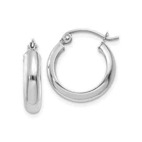 14k White Gold Hoop Earrings, Medium Round Smooth Polished Hoops, Latch-Back Closure for Women