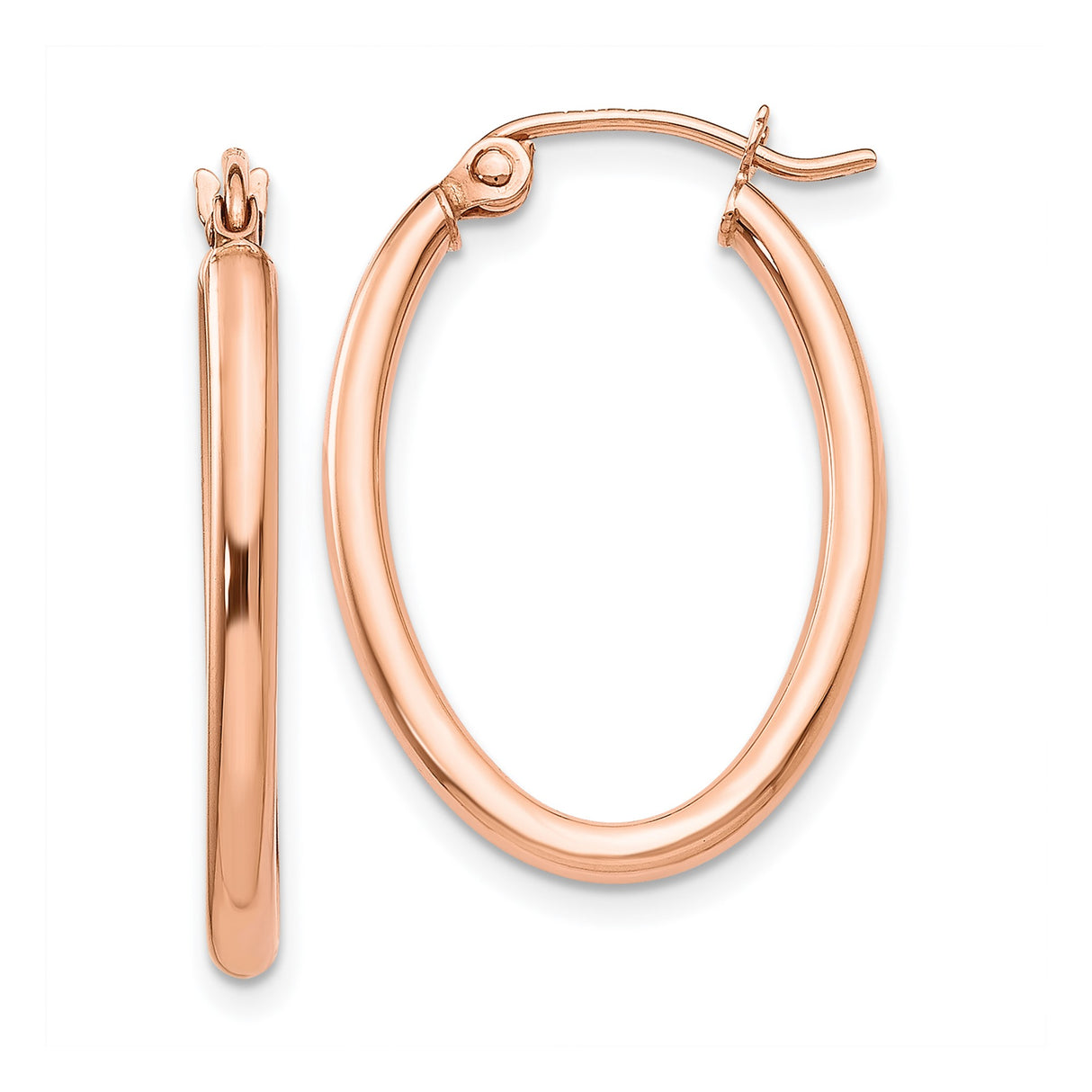 14k Rose Gold Oval Hoop Earrings, Hinged Closure, Polished Minimalist Design, Medium Size
