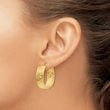 14k Yellow Gold Oval Hoop Earrings with Diamond Cut Textured Finish, Latch Back Closure