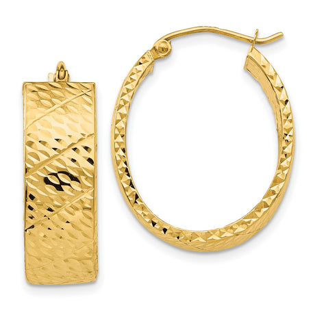 14k Yellow Gold Oval Hoop Earrings with Diamond Cut Textured Finish, Latch Back Closure