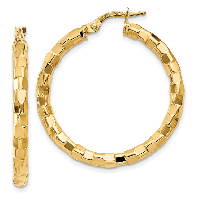 14k Yellow Gold Hoop Earrings, Textured Bold Faceted Square Link Design for Women