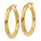 14k Yellow Gold Hoop Earrings, Textured Faceted Design with Latch-Back Closure, Medium Size