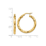 14k Yellow Gold Hoop Earrings, Textured Faceted Design with Latch-Back Closure, Medium Size