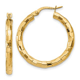 14k Yellow Gold Hoop Earrings, Textured Faceted Design with Latch-Back Closure, Medium Size