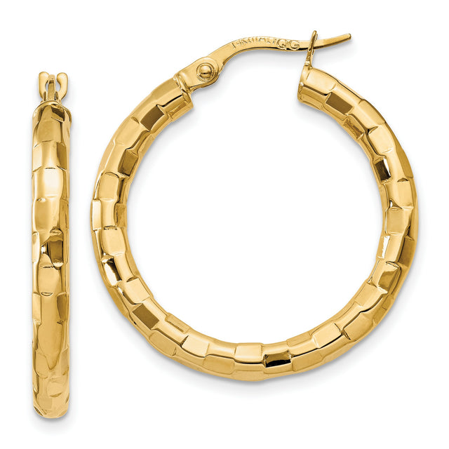 14k Yellow Gold Hoop Earrings, Textured Faceted Design with Latch-Back Closure, Medium Size