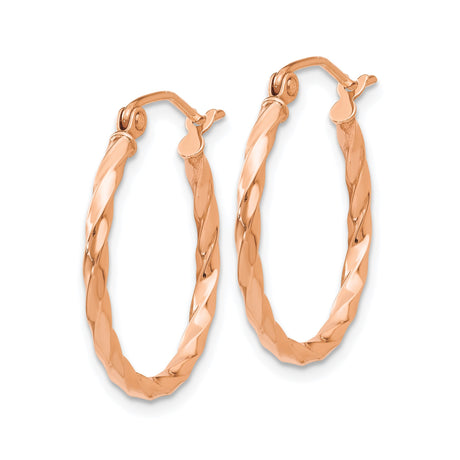 14k Rose Gold Hoop Earrings, Twisted Textured Lightweight Design, Polished Minimal Style