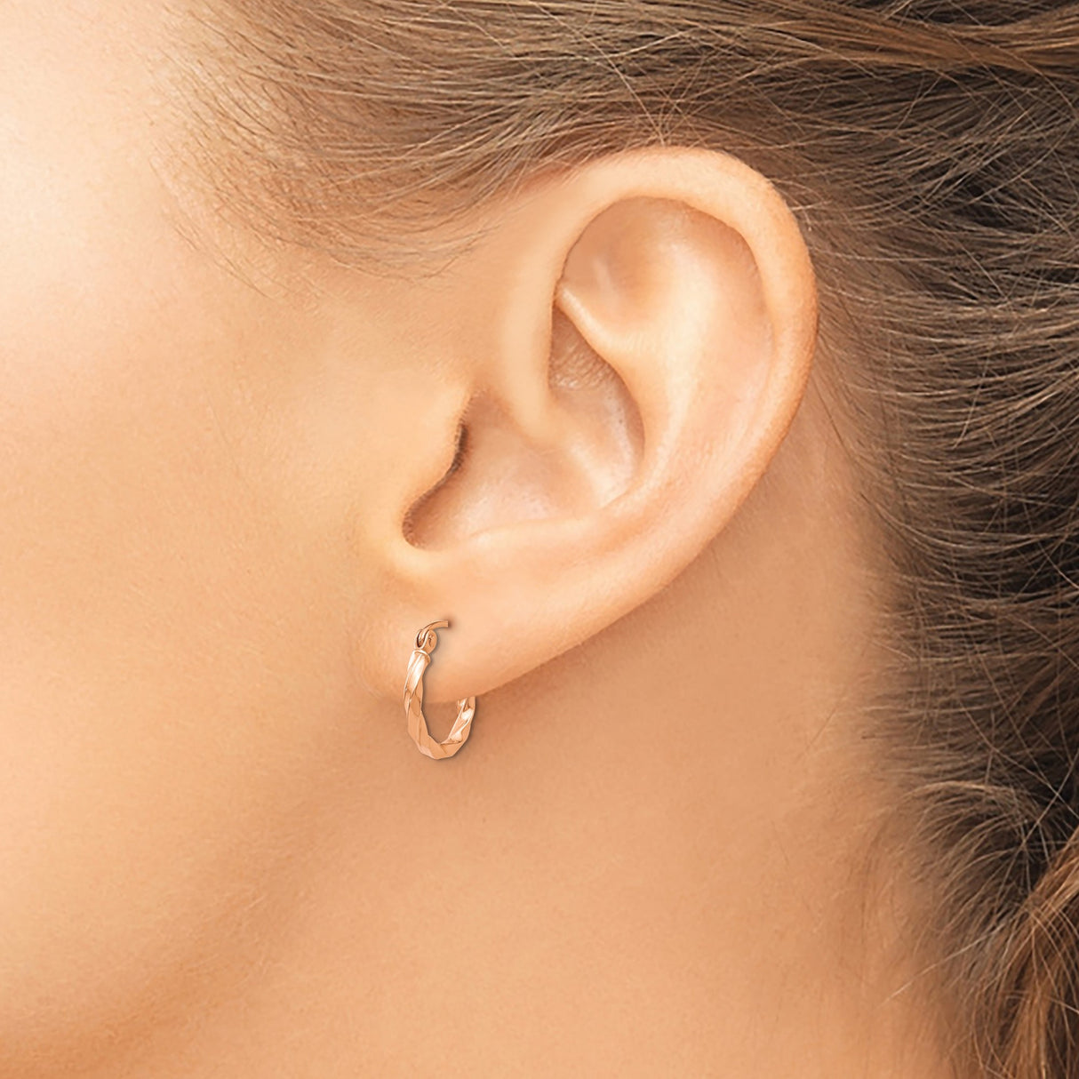 14k Rose Gold Twisted Hoop Earrings, Polished Minimalist Design, Lightweight Round Style