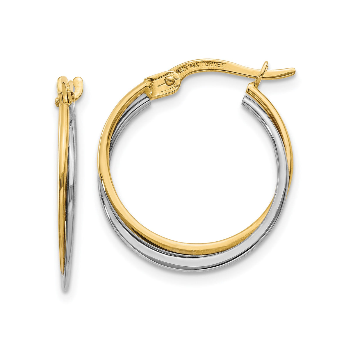 14k Two-Tone Gold Hoop Earrings with Intertwined Yellow and White Gold Bands, Polished Finish