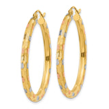 14k Tri-Color Gold Hoop Earrings, Textured Diamond-Cut Design in Yellow, White, and Rose Gold