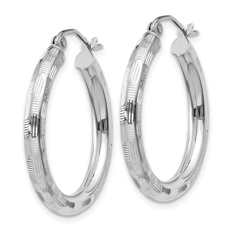 14k White Gold Hoop Earrings with Diamond Cut Texture, Lightweight Modern Style for Women