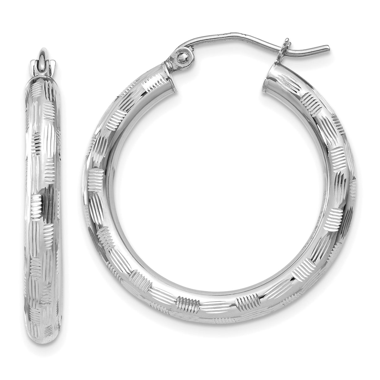 14k White Gold Hoop Earrings with Diamond Cut Texture, Lightweight Modern Style for Women