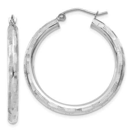 14k White Gold Hoop Earrings with Textured Crosshatch Design for Women
