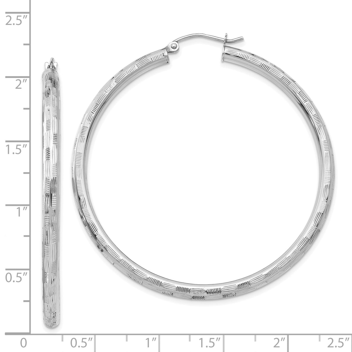 14k White Gold Hoop Earrings with Textured Diamond Cut Pattern and Latch Back Closure