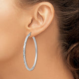 14k White Gold Hoop Earrings, Textured Design with Line Detail, High Polish Finish