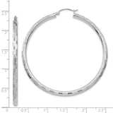 14k White Gold Hoop Earrings, Textured Design with Line Detail, High Polish Finish
