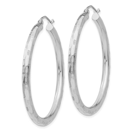 14k White Gold Hoop Earrings, Textured Round Design with Linear Detailing