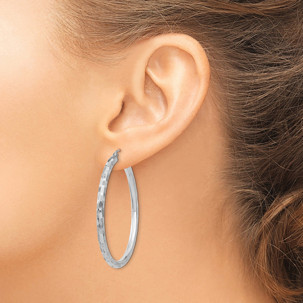 14k White Gold Hoop Earrings, Textured High-Polish Round Design for Women