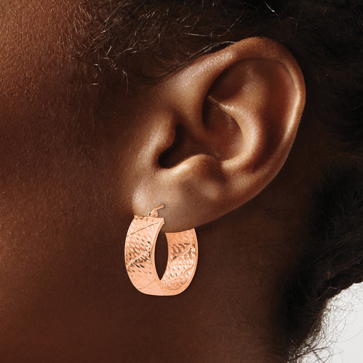 14k Rose Gold Hoop Earrings, Textured Diamond-Cut Design, Lightweight with Latch Back Closure