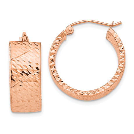 14k Rose Gold Hoop Earrings, Textured Diamond-Cut Design, Lightweight with Latch Back Closure