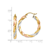 14k Yellow, White, and Rose Gold Twisted Hoop Earrings, Tri-Color Intertwined Design for Women
