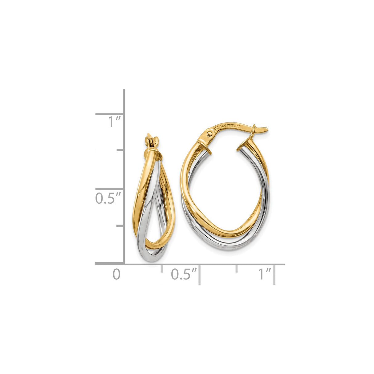 14k Two-Tone Gold Twisted Hoop Earrings, Interlaced Yellow and White Gold Oval Design