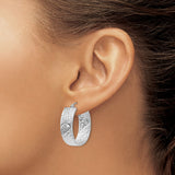 14k White Gold Oval Hoop Earrings, Diamond Cut Textured Design for Women