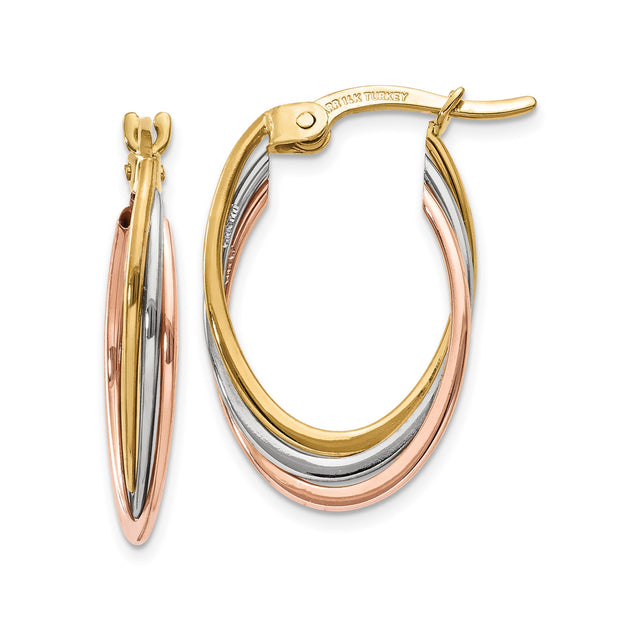 14k Tri-Color Gold Hoop Earrings with Interwoven Yellow, White, and Rose Strands
