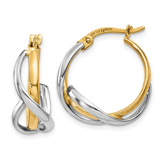14k Two Tone Gold Hoop Earrings with Twisted Interwoven Design for Women