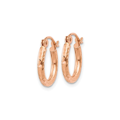 14k Rose Gold Hoop Earrings with Hammered Finish, Lightweight Classic Style for Women