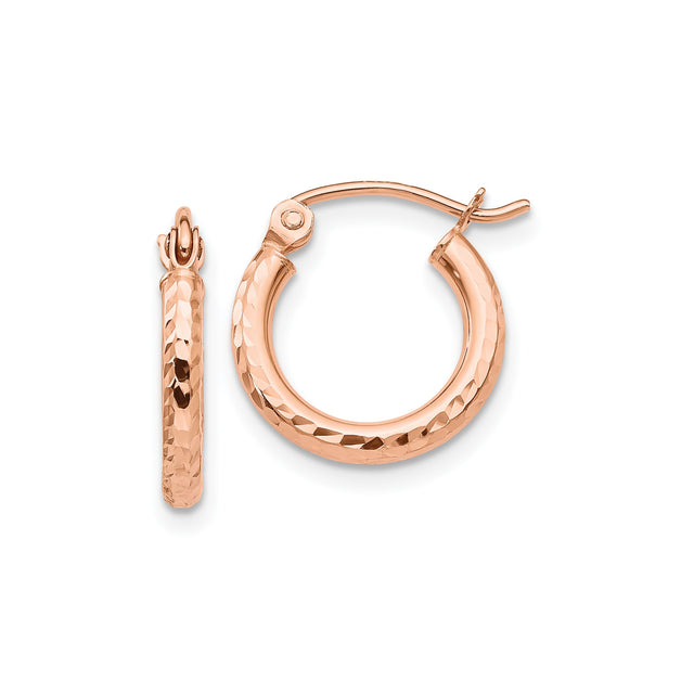 14k Rose Gold Hoop Earrings with Hammered Finish, Lightweight Classic Style for Women