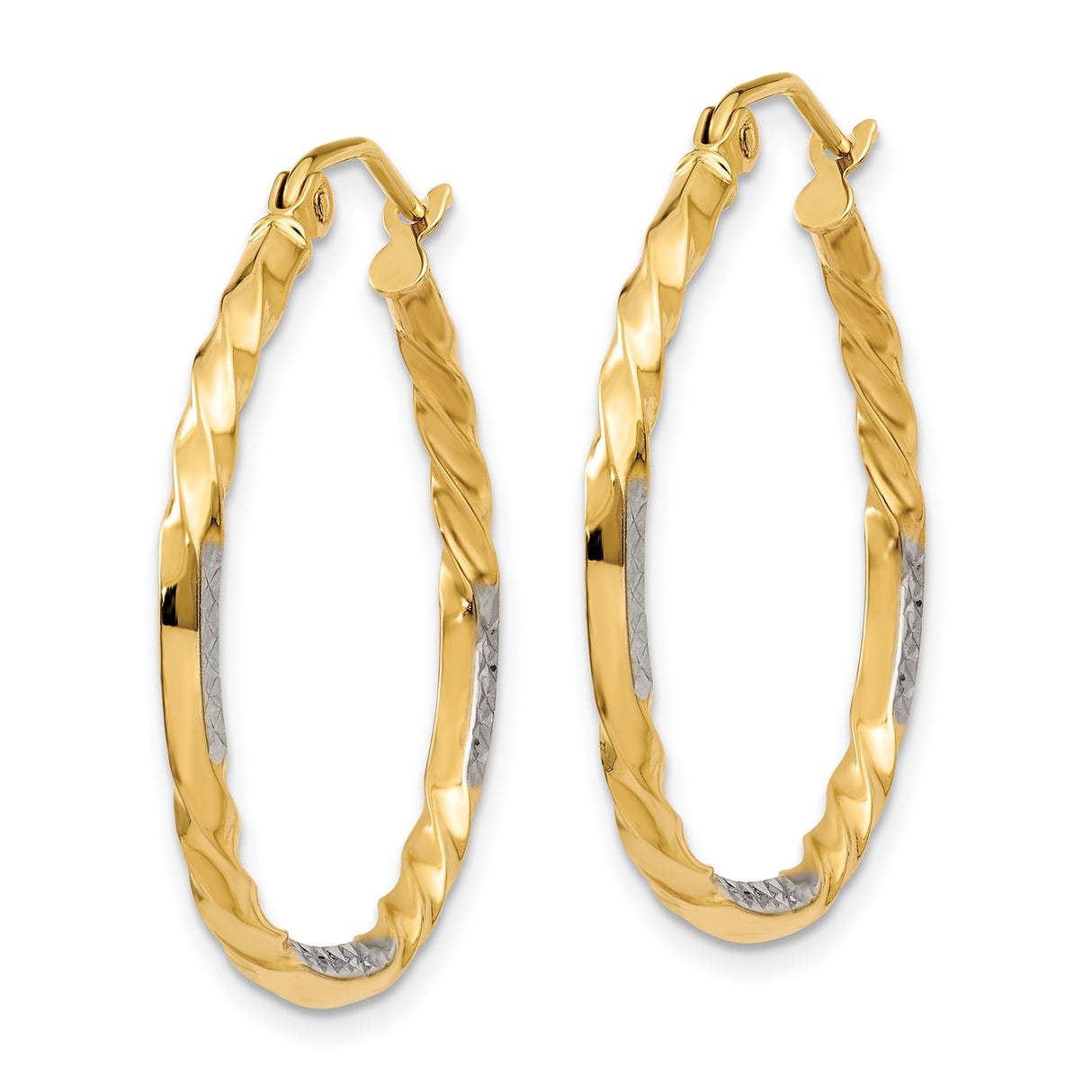 14k Yellow Gold Twisted Hoop Earrings, Two-Tone Rhodium Diamond Cut Design