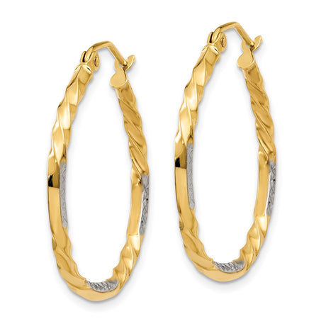 14k Yellow Gold Twisted Hoop Earrings, Two-Tone Rhodium Diamond Cut Design