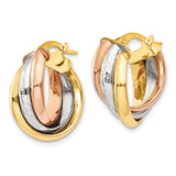 14k Tri-Color Gold Hoop Earrings, Intertwined Yellow, White, and Rose Bands, Diamond-Cut Finish