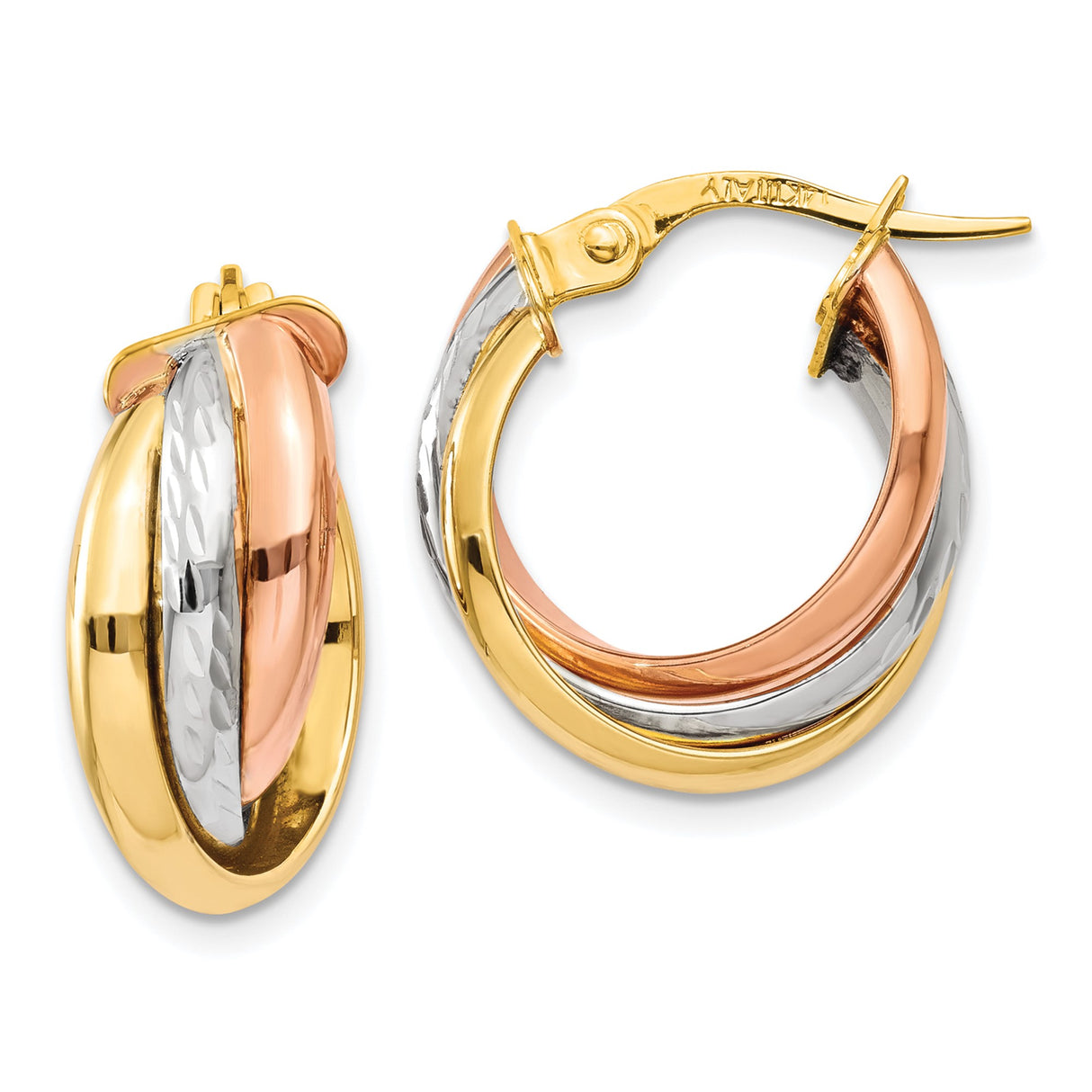 14k Tri-Color Gold Hoop Earrings, Intertwined Yellow, White, and Rose Bands, Diamond-Cut Finish
