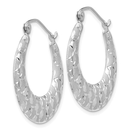 14k White Gold Hoop Earrings with Diamond-Cut Floral Pattern and High Polish Finish