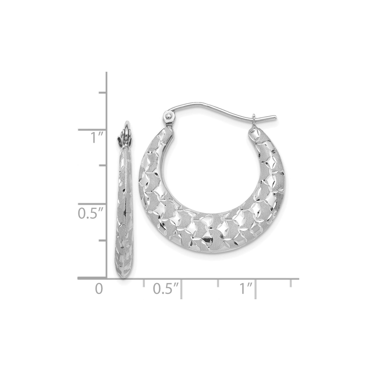 14k White Gold Hoop Earrings with Diamond-Cut Floral Pattern and High Polish Finish