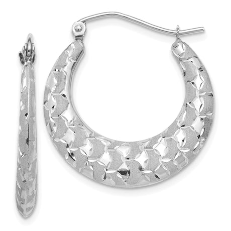 14k White Gold Hoop Earrings with Diamond-Cut Floral Pattern and High Polish Finish