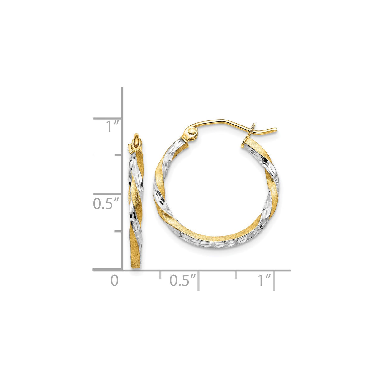 14k Yellow Gold Twisted Hoop Earrings with Diamond Cut Texture, Dual Tone Finish
