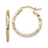 14k Yellow Gold Twisted Hoop Earrings with Diamond Cut Texture, Dual Tone Finish