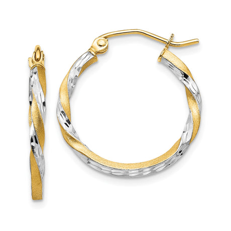14k Yellow Gold Twisted Hoop Earrings with Diamond Cut Texture, Dual Tone Finish