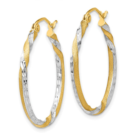 14k Yellow Gold Twist Hoop Earrings with Textured Diamond-Cut Two-Tone Design