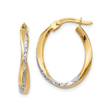 14k Yellow Gold Twisted Hoop Earrings, Diamond Cut Two-Tone Oval Design for Women