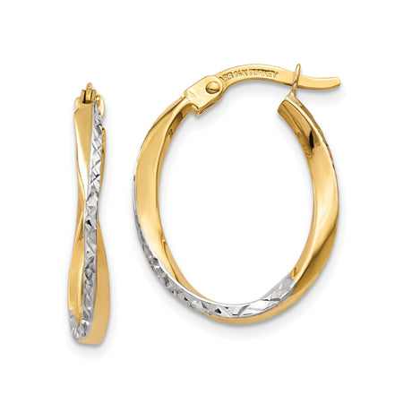 14k Yellow Gold Twisted Hoop Earrings, Diamond Cut Two-Tone Oval Design for Women