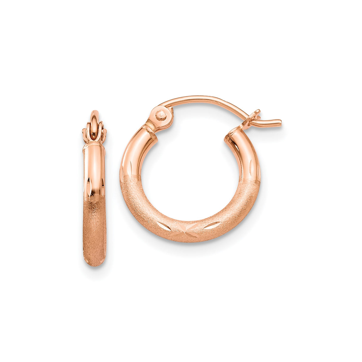 14k Rose Gold Hoop Earrings with Brushed Satin Finish and Diamond Cut Starburst Design