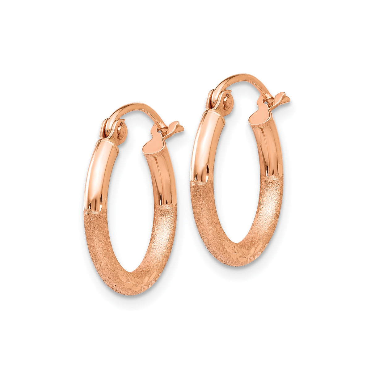 14k Rose Gold Hoop Earrings, Small Textured Matte Finish with Etched Leaf Pattern