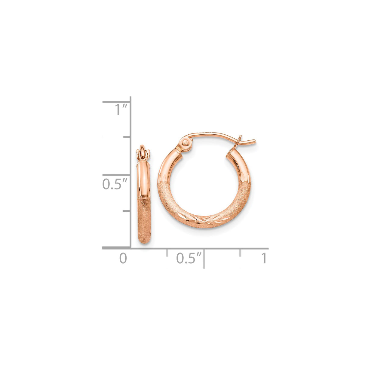 14k Rose Gold Hoop Earrings, Small Textured Matte Finish with Etched Leaf Pattern