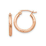 14k Rose Gold Hoop Earrings, Small Textured Matte Finish with Etched Leaf Pattern