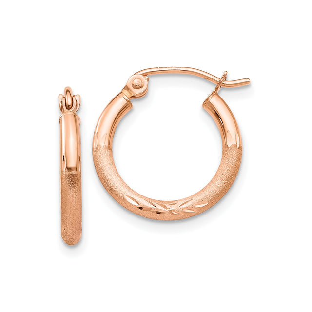 14k Rose Gold Hoop Earrings, Small Textured Matte Finish with Etched Leaf Pattern