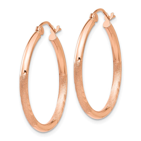 14k Rose Gold Hoop Earrings with Textured Polished Finish and Leaf Accents