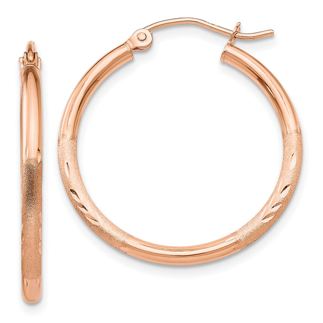 14k Rose Gold Hoop Earrings with Textured Polished Finish and Leaf Accents